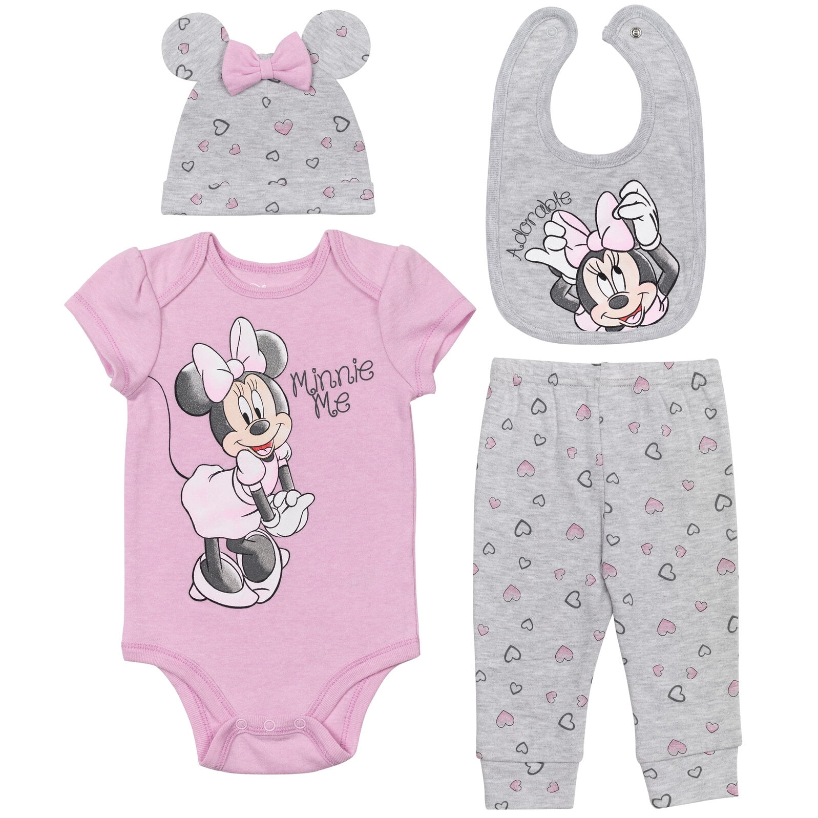 Disney Minnie Mouse Newborn Baby Girls Layette Set Bodysuit Pant Hat Bib Grey/Pink 03 Months