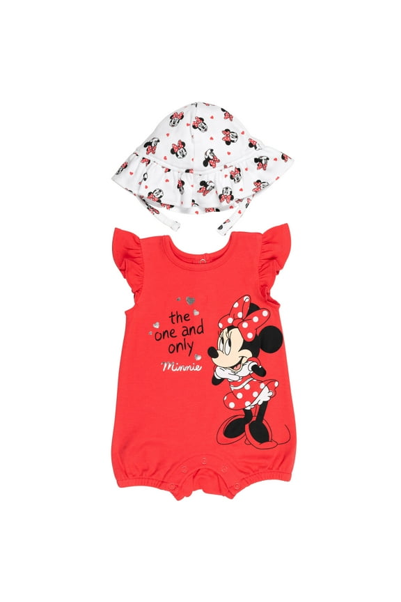 Minnie Mouse Newborn Baby Girls Snap Romper and Bucket Sun Hat Newborn to Infant