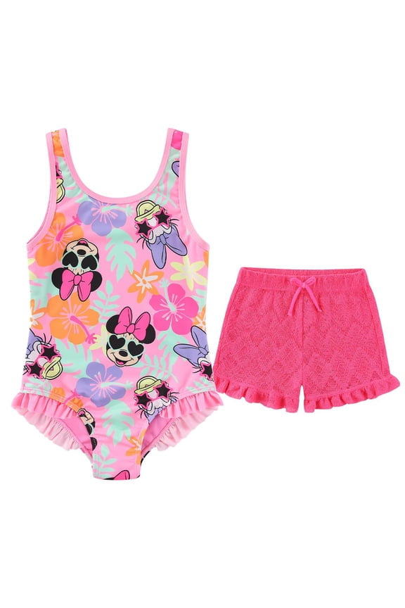 Minnie Mouse One Piece Swimsuit Bathing Suit with Swim Shorts (Girls), 2 Piece Swimwear, Sizes 2T-6X