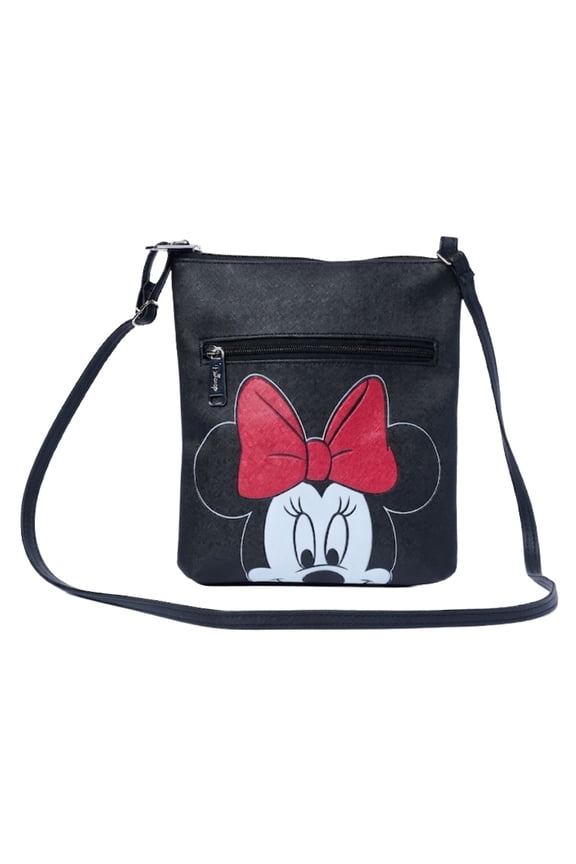 Minnie Mouse Crossbody Purse Passport Bag Travel Black Faux Leather