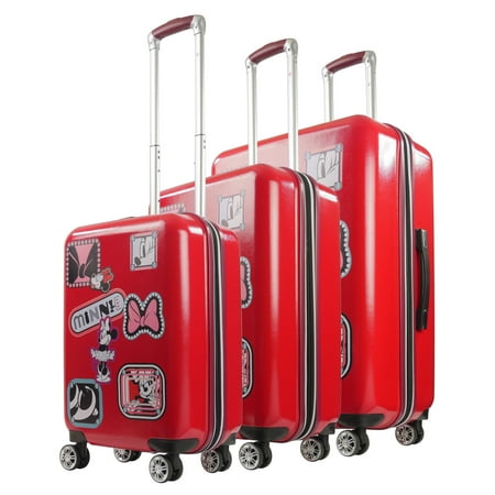 FUL Disney Minnie Mouse Patchwork 3 Piece Rolling Luggage Set, Hardshell Suitcase with Wheels, Red, Set-21/25/29 inch