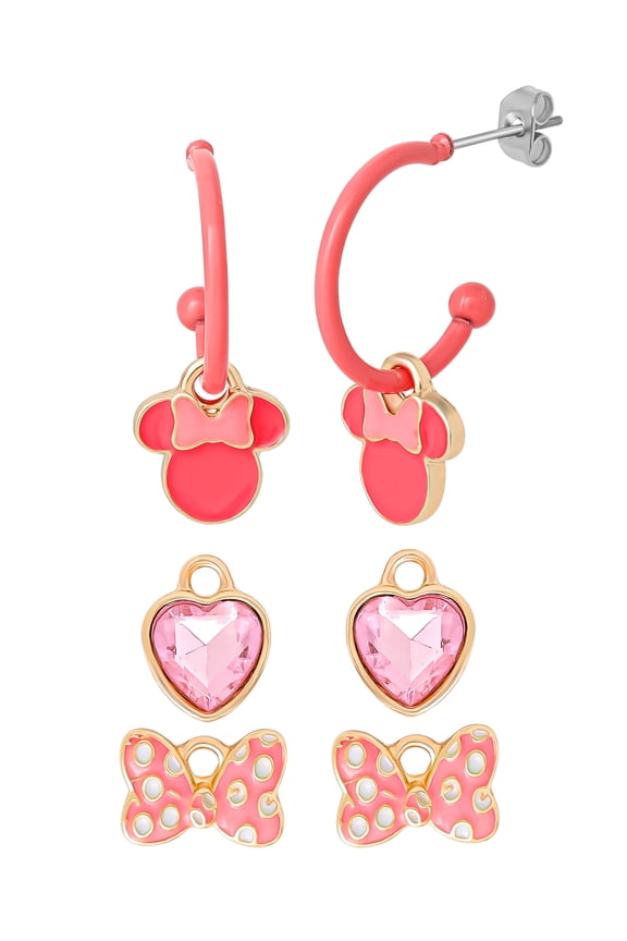 Minnie Mouse Pink Bow Charm Hoop Earring Set, 3 Charms and 1 Hoop