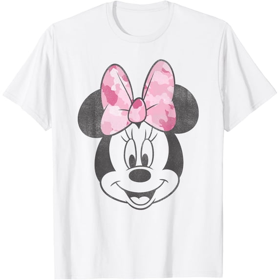Disney Minnie Mouse Pink Camo Bow Retro Face Portrait T-Shirt