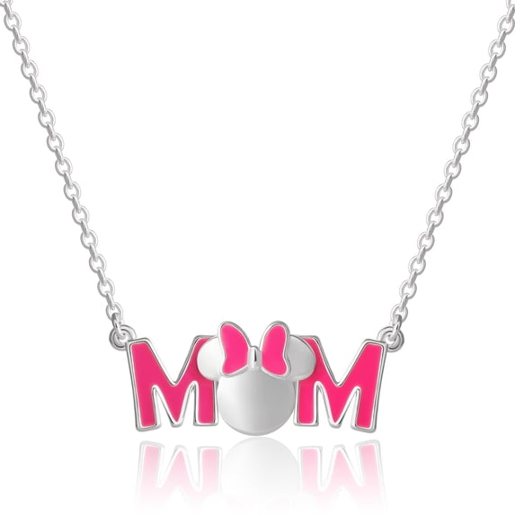 Disney Minnie Mouse Pink Enamel Bow MOM Pendant Necklace - 18'' Chain