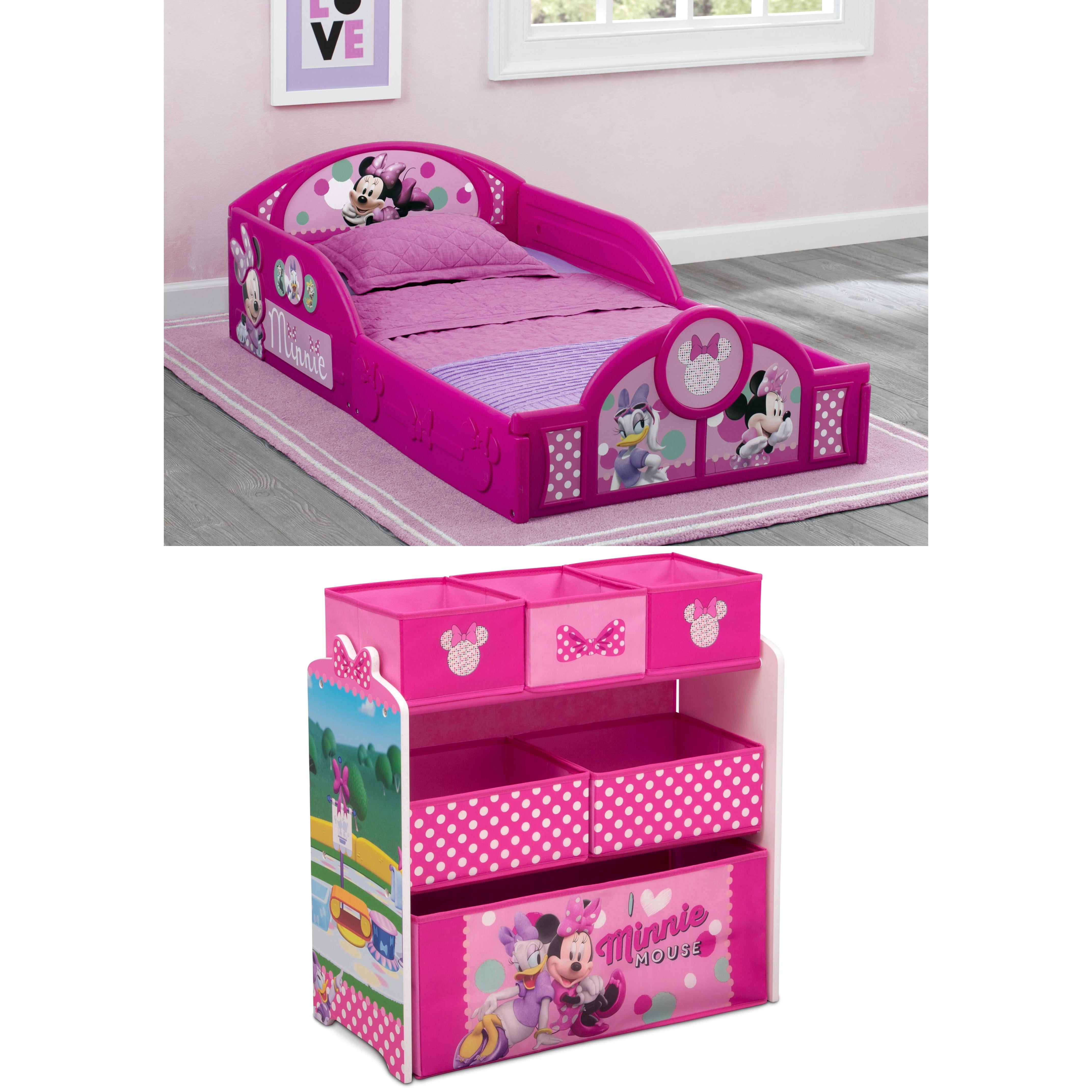 Disney Minnie Mouse Plastic Sleep and Play Toddler Bed & Minnie Mouse 6 Bin Design and Store Toy Organizer