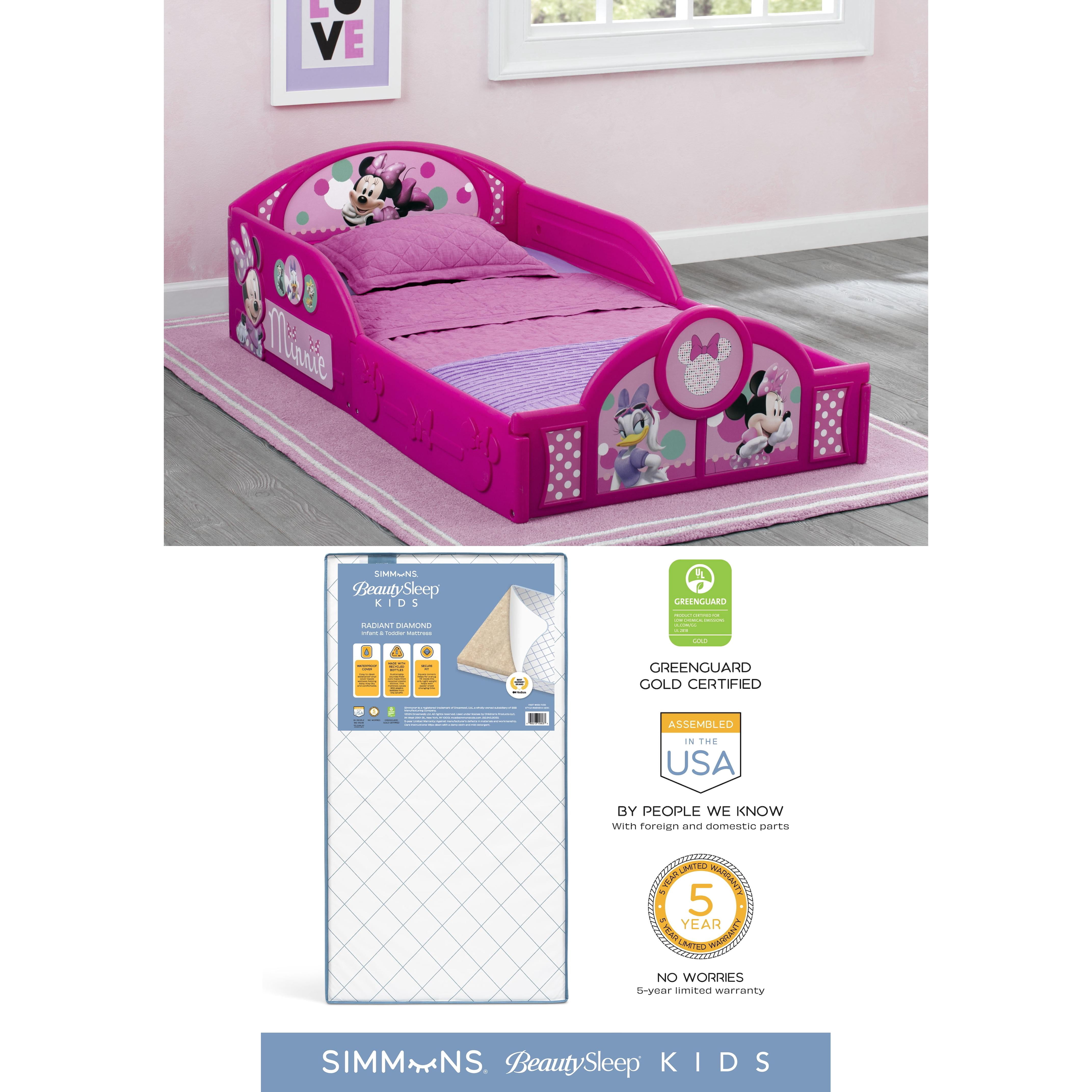 Disney Minnie Mouse Plastic Sleep and Play Toddler Bed & Simmons BeautySleep Kids Radiant Diamond Crib and Toddler Mattress