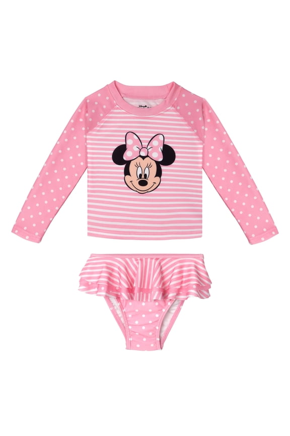 Minnie Mouse Raglan Rash Guard and Ruffle Bikini Bottom UPF 50+ Swim Set Polka Dots Newborn to Toddler