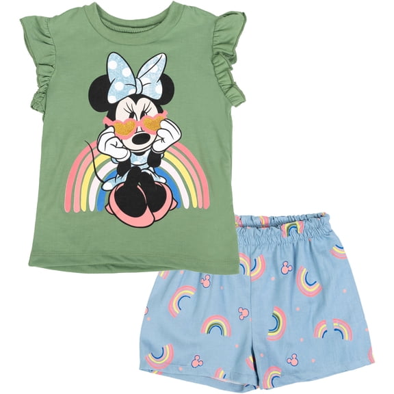 Disney Minnie Mouse Toddler Girls' 2-Piece Top and Shorts Set Green Rainbow Minnie