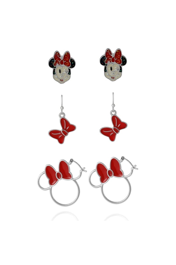 Minnie Mouse Red Bow Earring Set, 3 Pairs (Hoops, Drops & Studs), SilverTone