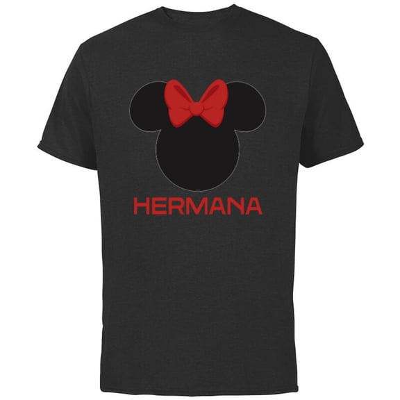 Disney Minnie Mouse Red Bow Icon Hermana Familia Spanish- Short Sleeve Cotton T-Shirt for Adults - Customized-Black