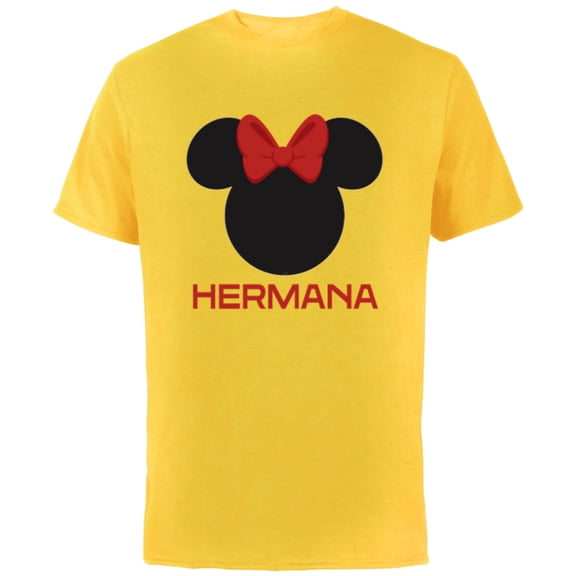 Disney Minnie Mouse Red Bow Icon Hermana Familia Spanish- Short Sleeve Cotton T-Shirt for Adults - Customized-Yellow