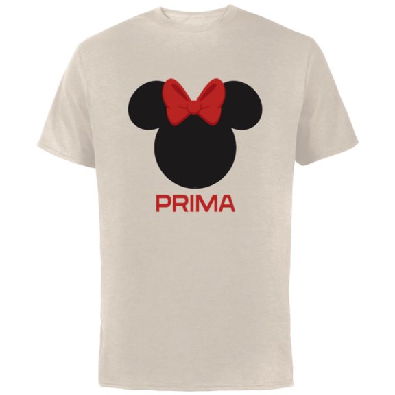 Disney Minnie Mouse Red Bow Icon Prima Familia Spanish- Short Sleeve Cotton T-Shirt for Adults - Customized-Natural