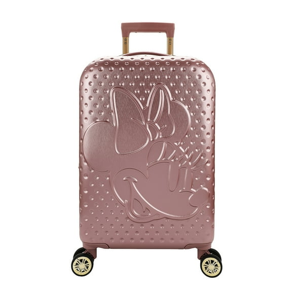 Disney Minnie Mouse 20 Inch Carry On Rolling Luggage, Rose Gold Hardshell Spinner Suitcase with 8 Wheels, Retractable Handle, Valet Straps & Zippered Packing Curtain, Expandable, Officially Licensed