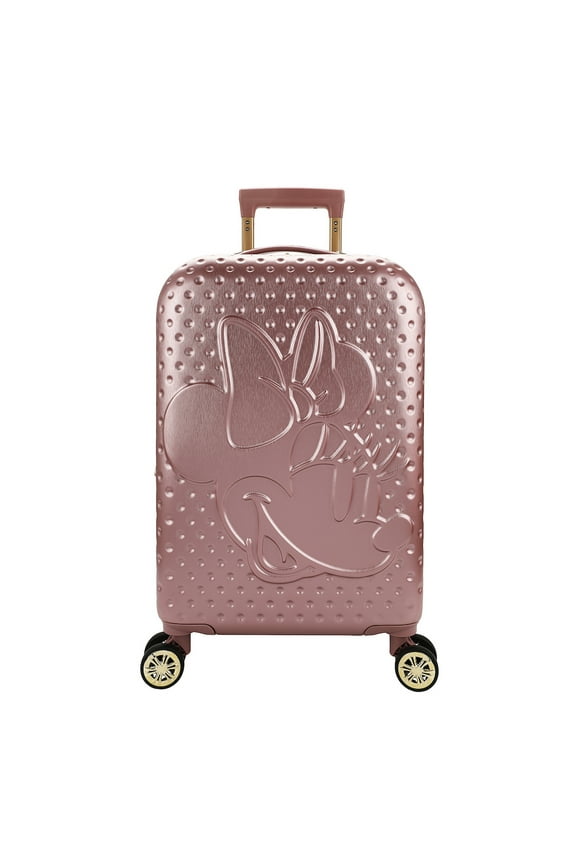 Disney Minnie Mouse 20 Inch Carry On Rolling Luggage, Rose Gold Hardshell Spinner Suitcase with 8 Wheels, Retractable Handle, Valet Straps & Zippered Packing Curtain, Expandable, Officially Licensed