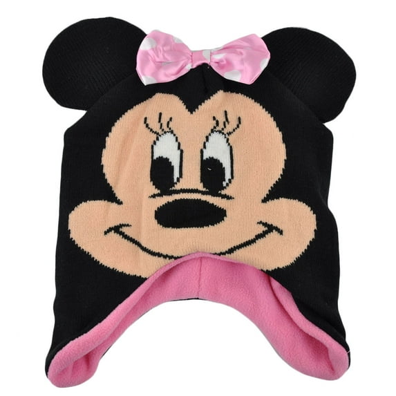 Disney Minnie Mouse Satin Bow Ear Flap Beanie Knit Big Face Winter Cartoon Hat