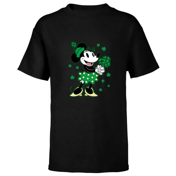 Disney Minnie Mouse Shamrock Bouquet St Patrick’s Day Retro - Short Sleeve T-Shirt for Kids - Customized-Black