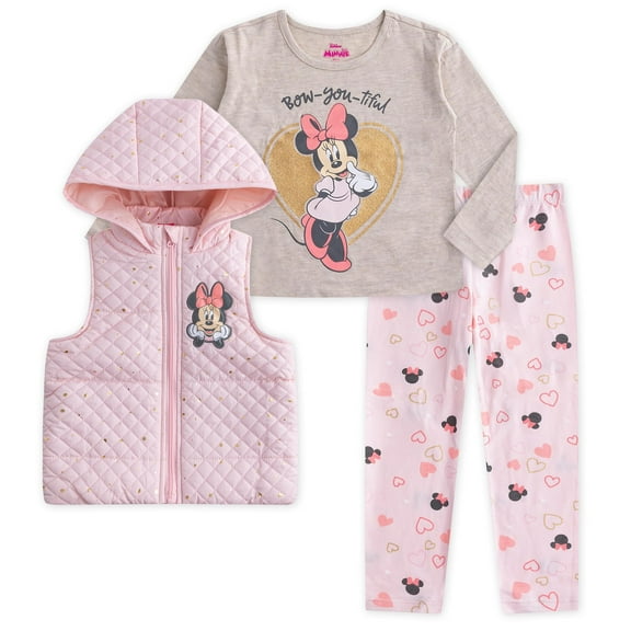 Disney Minnie Mouse Shirt, Vest and Legging Pants Outfit (Girls), 3 Piece Set, Sizes 2T-6X
