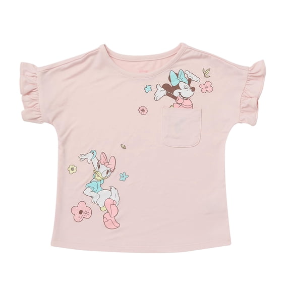 Disney Minnie Mouse Shirt for Toddler Girls, Girls Short Sleeve Tee with Ruffle Sleeves, Daisy Duck Besties (Peach, 5)