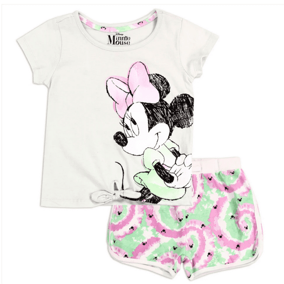 Disney Minnie Mouse Shorts Set White Purple Green T Shirt Matching Shorts Toddler Size 3T