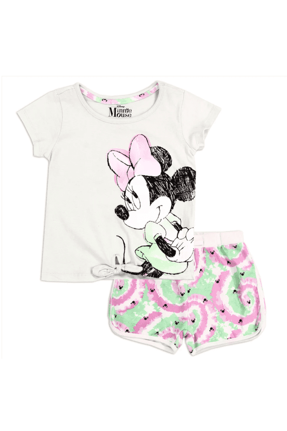 Minnie Mouse Shorts Set White Purple Green T Shirt Matching Shorts Toddler Size 2T