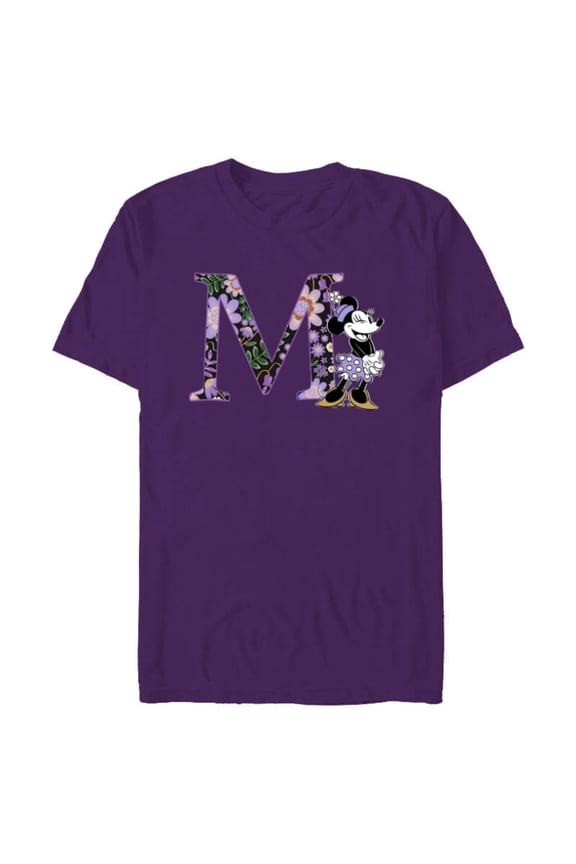 Minnie Mouse Spring Flowers Monogram Floral Initial M - Short Sleeve Blended T-Shirt for Adults - Customized-Purple
