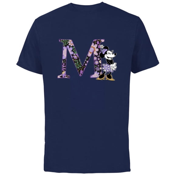 Disney Minnie Mouse Spring Flowers Monogram Floral Initial M - Short Sleeve Cotton T-Shirt for Adults - Customized-Navy