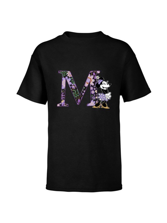 Minnie Mouse Spring Flowers Monogram Floral Initial M - Short Sleeve T-Shirt for Kids - Customized-Black