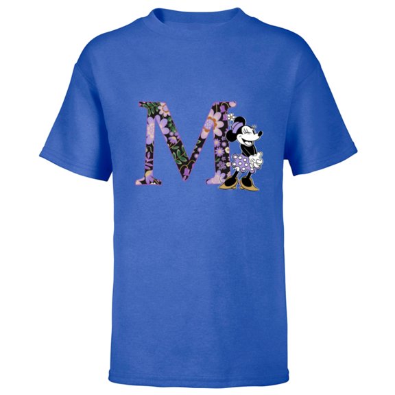 Disney Minnie Mouse Spring Flowers Monogram Floral Initial M - Short Sleeve T-Shirt for Kids - Customized-Royal