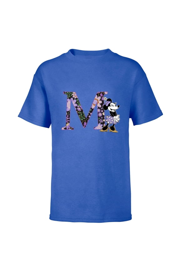 Minnie Mouse Spring Flowers Monogram Floral Initial M - Short Sleeve T-Shirt for Kids - Customized-Royal