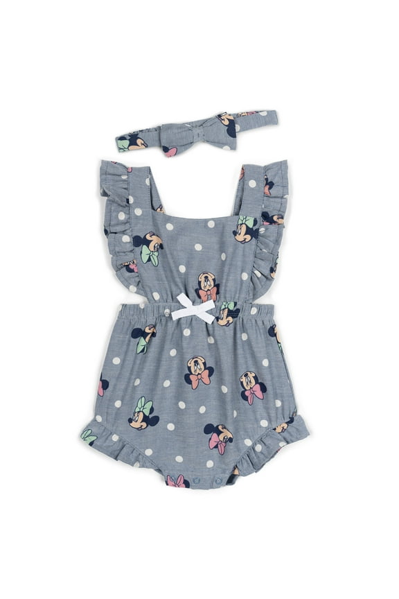Minnie Mouse Square Neck Chambray Romper and Bow Headband Polka Dots Newborn to Infant