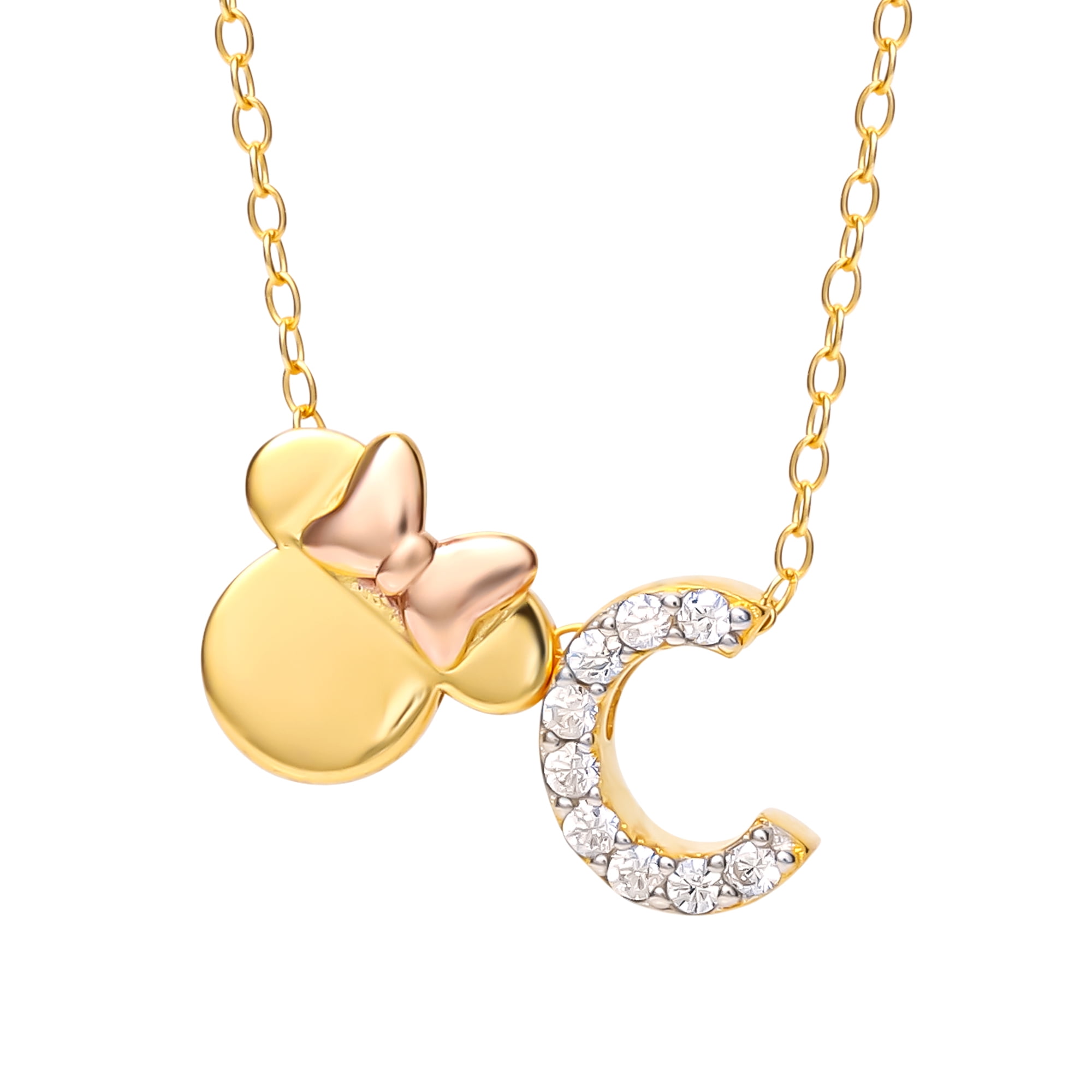Disney Minnie Mouse Sterling Silver Gold Plated Cubic Zirconia Initial Pendant Necklace, 18" - Letter C