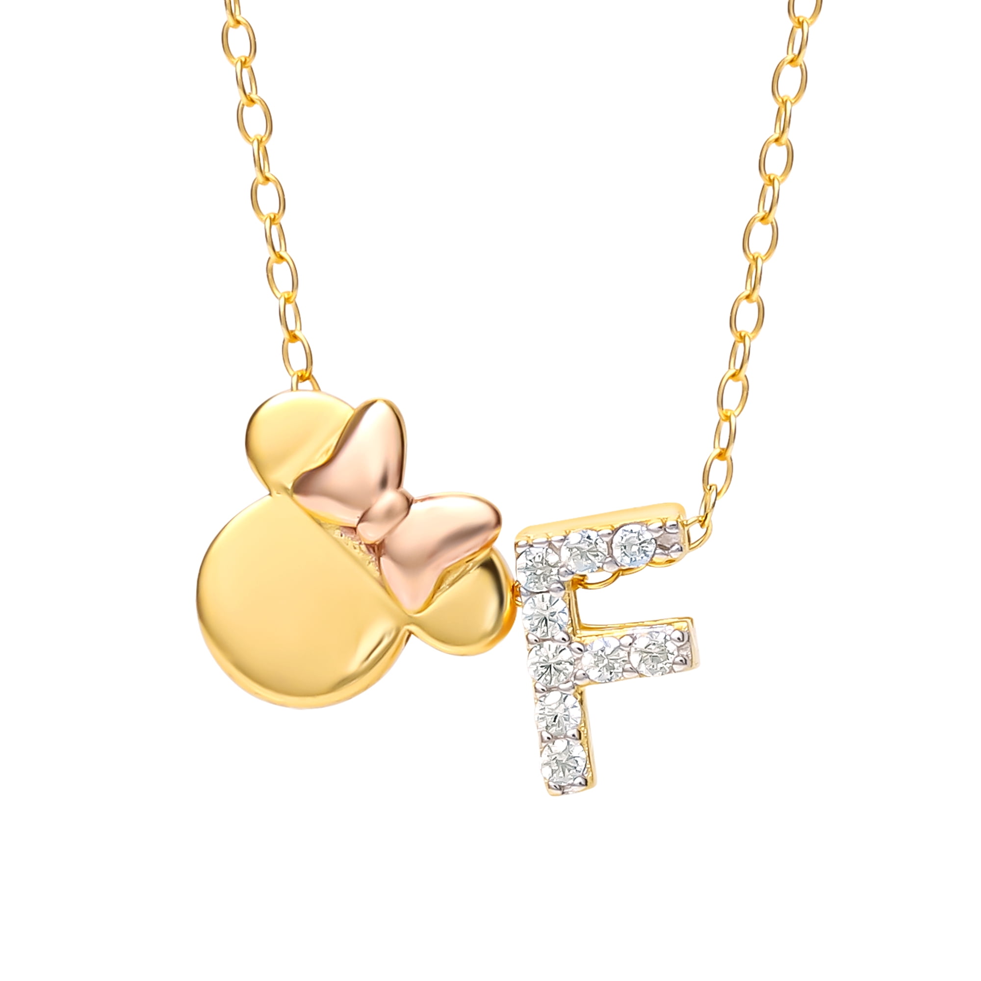 Disney Minnie Mouse Sterling Silver Gold Plated Cubic Zirconia Initial Pendant Necklace, 18" - Letter F