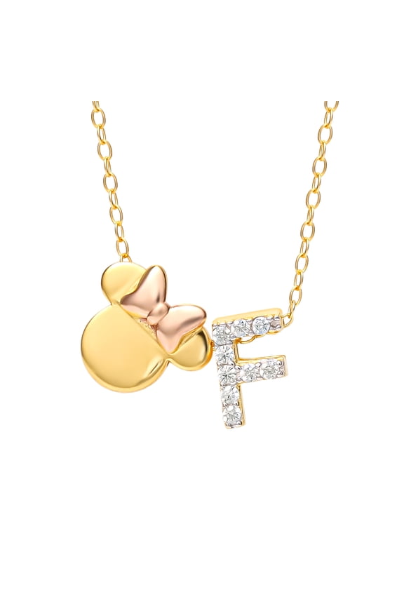 Minnie Mouse Sterling Silver Gold Plated Cubic Zirconia Initial Pendant Necklace, 18" - Letter F