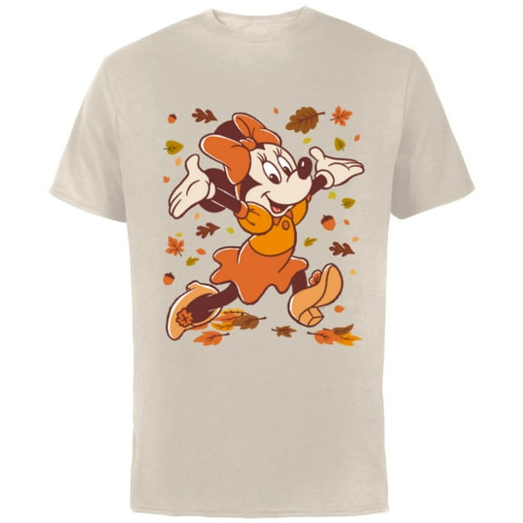 Disney Minnie Mouse Strolling Through Autumn Leaves Fall - Short Sleeve Cotton T-Shirt for Adults - Customized-Natural