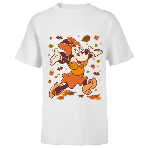 Disney Minnie Mouse Strolling Through Autumn Leaves Fall - Short Sleeve T-Shirt for Kids - Customized-White
