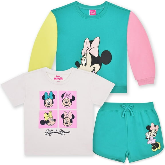 Disney Minnie Mouse Sweatshirt, Short Sleeve T-Shirt, and Shorts (Girls), 3 Piece Set, Sizes 2T-6X