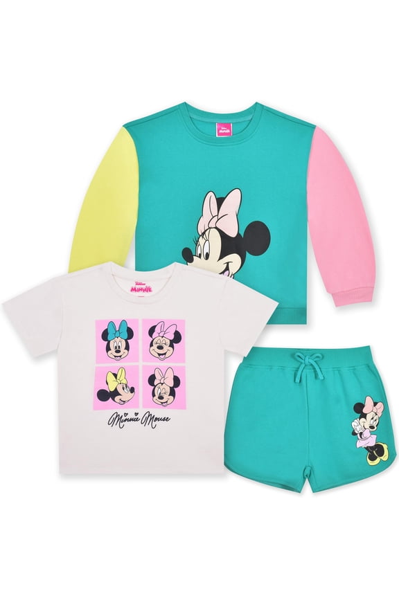 Minnie Mouse Sweatshirt, Short Sleeve T-Shirt, and Shorts (Girls), 3 Piece Set, Sizes 2T-6X