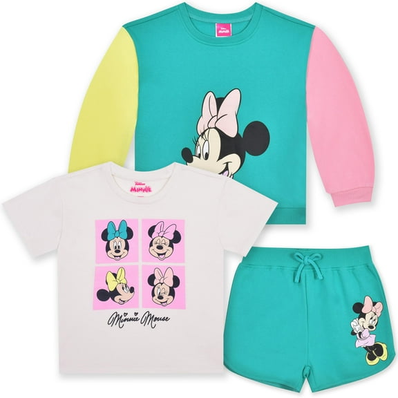 Disney Minnie Mouse Sweatshirt, Short Sleeve T-Shirt, and Shorts (Girls), 3 Piece Set, Sizes 2T-6