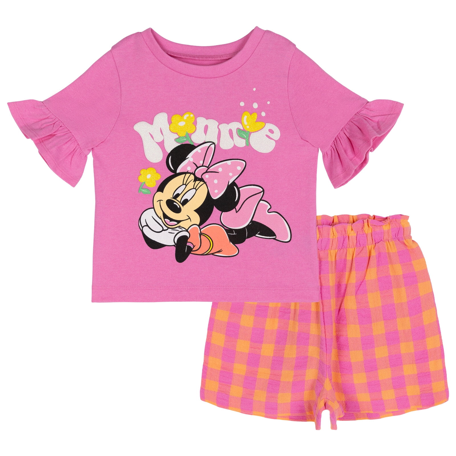 Disney Minnie Mouse Little Girls' 2-Piece Tee and Shorts Set Minnie Pink Plaid