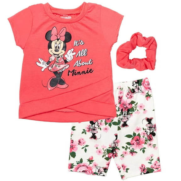 Disney Minnie Mouse Toddler Girls Crossover T-Shirt Bike Shorts and Scrunchie 3 Piece Outfit Set Infant to Big Kid