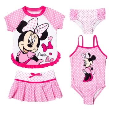Disney Minnie Mouse Toddler Girls One Piece Bathing Suit Rash Guard Modest Swimsuit Skirt and Bottom 5 Set Toddler to Big Kid
