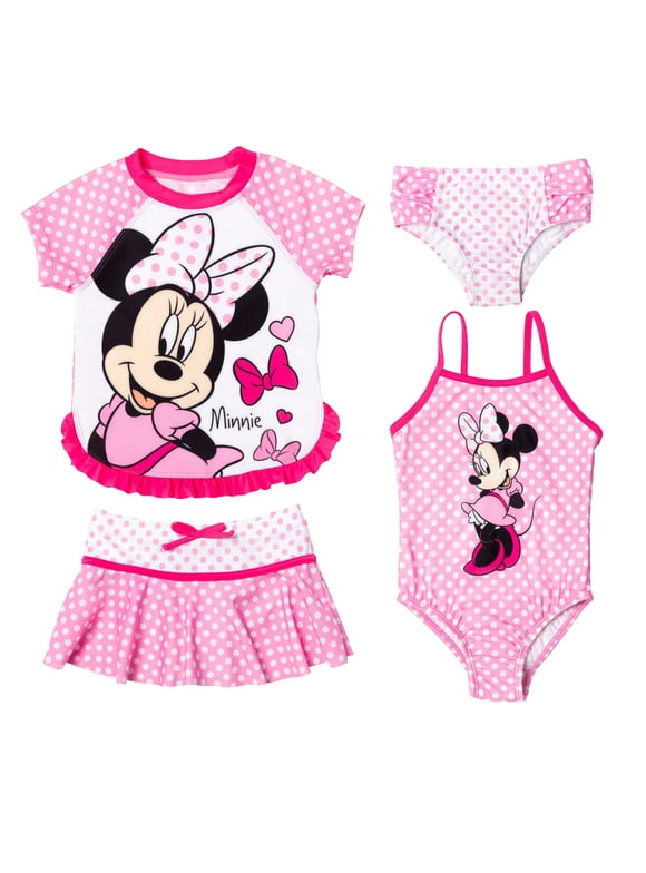 Minnie Mouse Toddler Girls One Piece Bathing Suit Rash Guard Modest Swimsuit Skirt and Bottom 5 Set Toddler to Big Kid