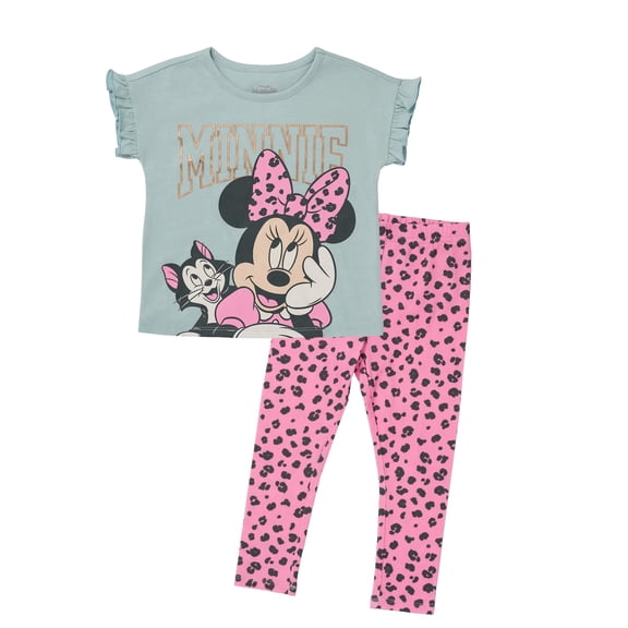 Disney Minnie Mouse Toddler Girls Outfit, 2-Piece Ruffle Sleeve On Top T-Shirt and Stretchy Leggings Set (Multi, 2T)