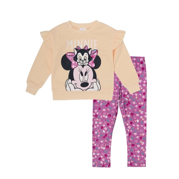 Disney Minnie Mouse Toddler Girls’ Outfit Set - Two Piece Long Sleeve Sweatshirt with Ruffle Shoulders & Floral Leggings (Multi, 5)