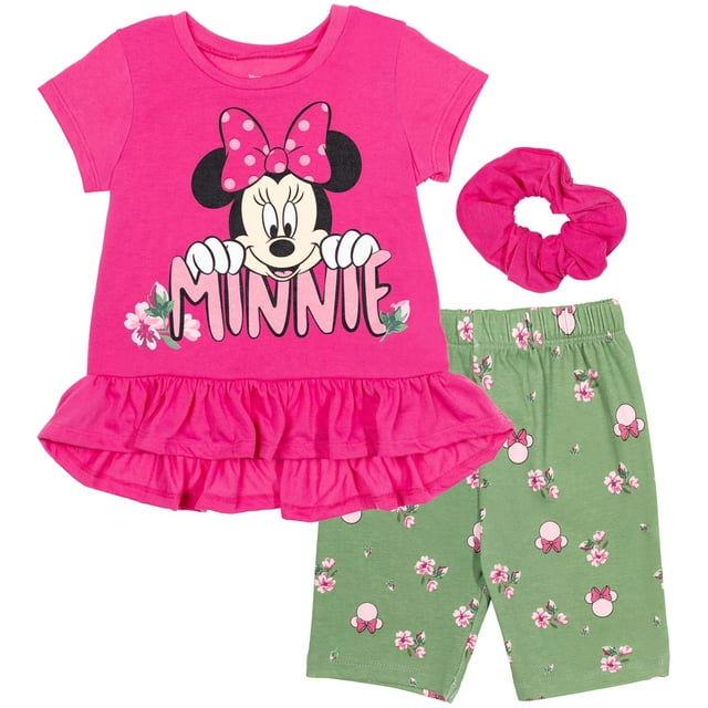 Disney Minnie Mouse Toddler Girls Peplum T-Shirt Bike Shorts and Scrunchie 3 Piece Outfit Set Infant to Big Kid