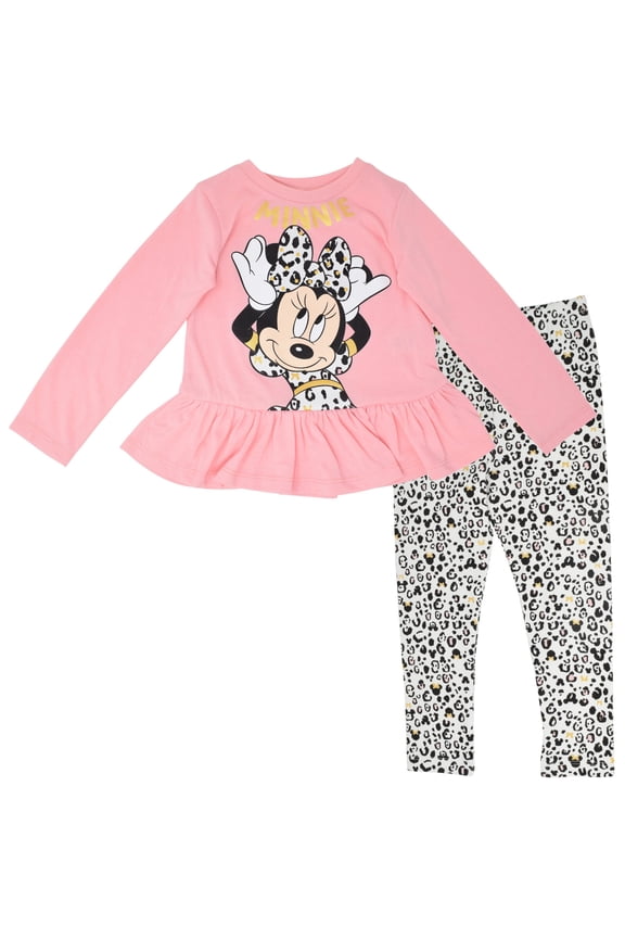Minnie Mouse Toddler Girls Peplum T-Shirt and Leggings Outfit Set Pink Leopard Peplum 4T