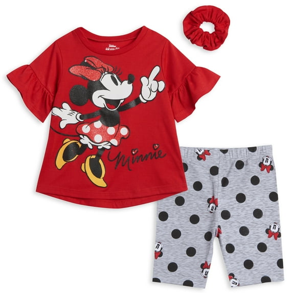 Disney Minnie Mouse Toddler Girls T-Shirt Bike Shorts and Scrunchie 3 Piece Outfit Set Infant to Big Kid