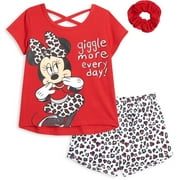 Disney Minnie Mouse Toddler Girls T-Shirt French Terry Shorts and Scrunchie 3 Piece Outfit Set Infant to Big Kid