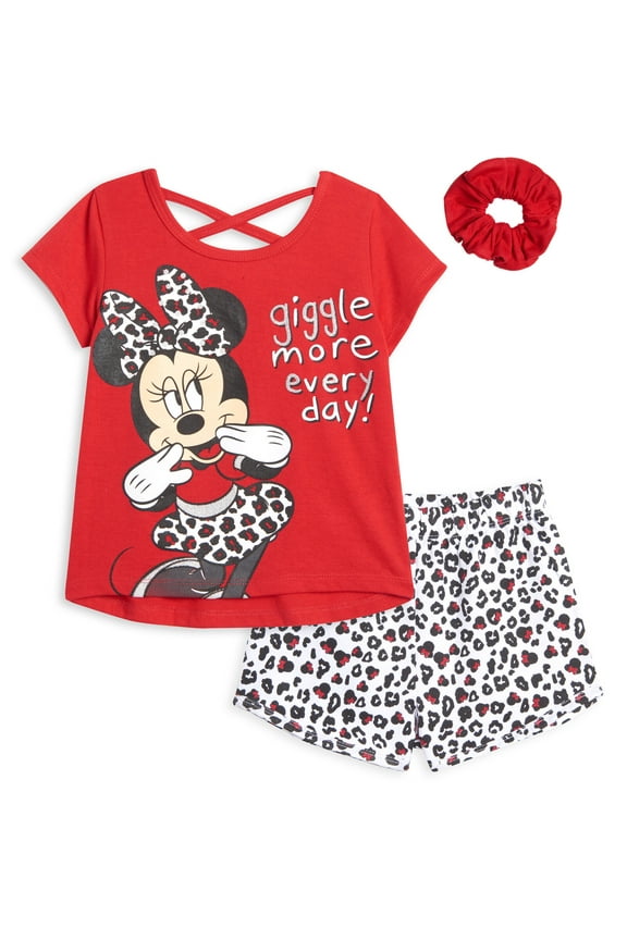 Minnie Mouse Toddler Girls T-Shirt French Terry Shorts and Scrunchie 3 Piece Outfit Set Infant to Big Kid