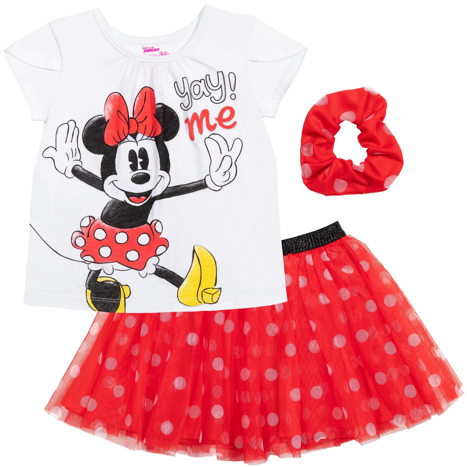 Disney Minnie Mouse Toddler Girls T Shirt Mesh Skirt and Scrunchie 3 Piece Outfit Set Infant to Big Kid